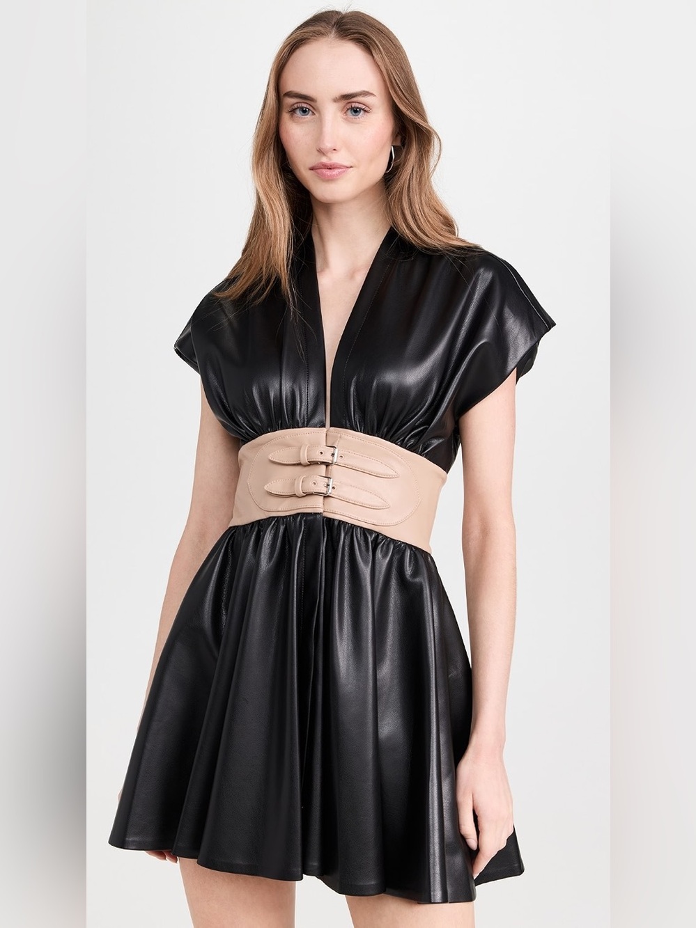 Alexis Berlin Short Black Faux-Leather Mini Dress with Cinch Belt Size XS